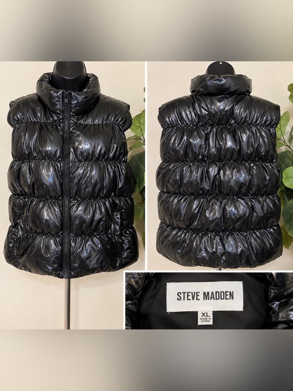 Steve Madden Black Glossy Quilted Puffer Vest
